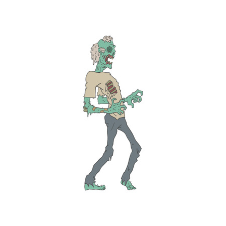 Barefoot Creepy Zombie With Rotting Flesh Outlined Hand Drawn Adult Style Illustration Isolated On White Backgroundのイラスト素材