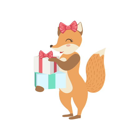 Fox Cute Animal Character Attending Birthday Party. Childish Cartoon Style Animal With Celebration Attributes Vector Stickerのイラスト素材