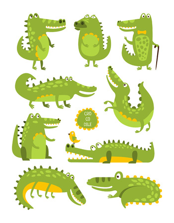 Crocodile Cute Character In Different Poses Childish Stickers. Animal Funny Stylized Character Flt Vector Illustration Set On White Background.のイラスト素材