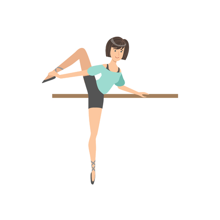 Girl In Training Outfit In Ballet Dance Class Exercising With The Pole. Flat Simplified Childish Style Classic Dance Position Illustration Isolated On White Background.のイラスト素材