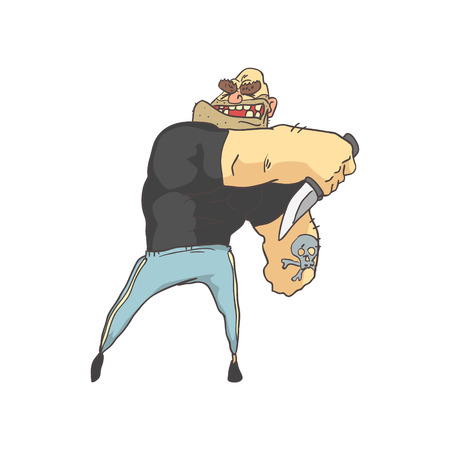 Attacking Dangerous Criminal Outlined Comics Style Illustration. Adult Scary Outlaw Stylized Cool Sticker Isolated On White Background.のイラスト素材