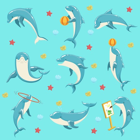 Bottlenose Dolphin Performing Tricks Set of Illustrations. Collection Of Marine Animal Stickers In Simple Realistic Style On Blue Background.のイラスト素材