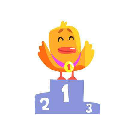 Duckling Champion Cute Character Sticker. Little Duck In Funny Situation Childish Cartoon Graphic Illustration On White Background.のイラスト素材