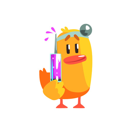 Duckling Doctor Cute Character Sticker. Little Duck In Funny Situation Childish Cartoon Graphic Illustration On White Background.のイラスト素材