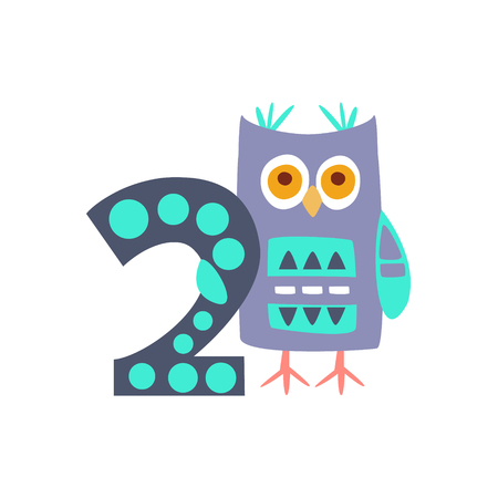 Owl Standing Next To Number Two Stylized Funky Animal. Weird Colorful Flat Vector Illustration For Kids On White Background,のイラスト素材