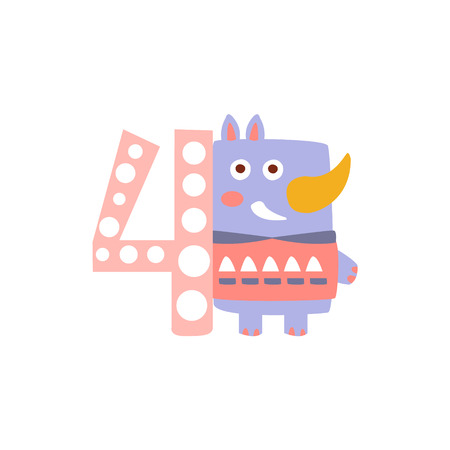 Rhinoceros Standing Next To Number Four Stylized Funky Animal. Weird Colorful Flat Vector Illustration For Kids On White Background,のイラスト素材