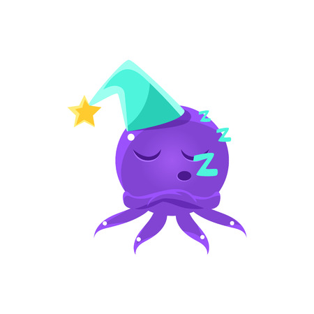 Funny Octopus Sleeping Emoji. Cute Vector Emoticon In Cartoon Childish Style Isolated On White Background.のイラスト素材