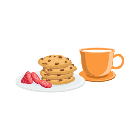 Cookies And Milk Breakfast Food And Drink Set. Morning Menu Plate Illustration In Detailed Simple Vector Design.のイラスト素材
