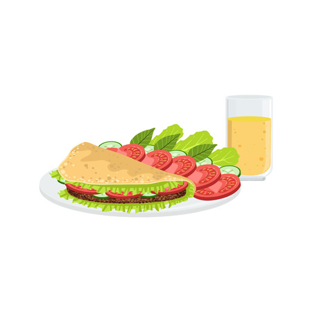 Omlet With Vegetables And Juice Breakfast Food And Drink Set. Morning Menu Plate Illustration In Detailed Simple Vector Design.のイラスト素材
