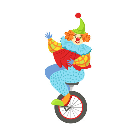 Colorful Friendly Clown Balancing On Unicycle In Classic Outfit. Childish Circus Clown Character Performing In Costume And Make Up.のイラスト素材
