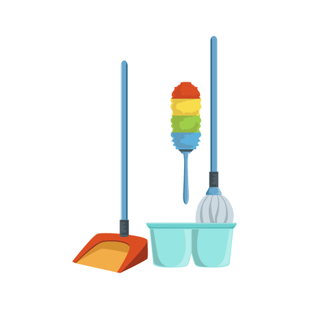Dusting Household Equipment Set. Clean Up Special Objects And Chemicals Composition Of Realistic Objects. Flat Vector Drawing On White Backgroundのイラスト素材