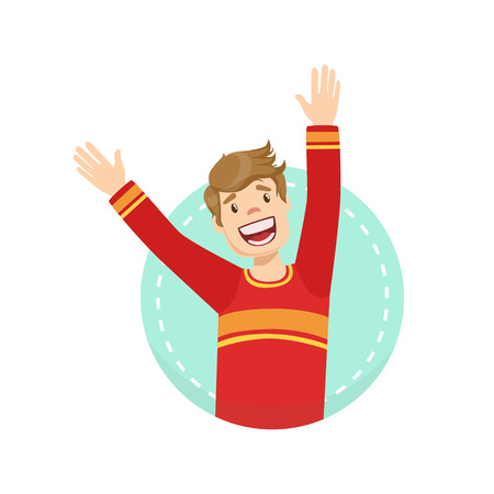 Happy Emotion Body Language Illustration. Emotional Facial Expression And Gesture With Man In Red T-shirt In Blue Round Frame .のイラスト素材