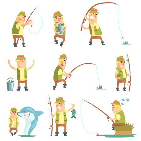 Fisherman In Different Funny Situations Set Of Illustrations. Comic Character In Funky Stylized Design And His Fishing Hobby. Flat Vector Cartoon Illustration On White Background,のイラスト素材