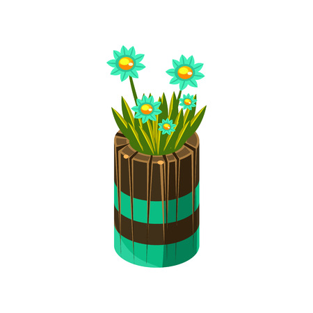 Wooden Pot With Flowers Isometric Garden Landscaping Element. Video Game Landscape Constructor Item In Cute Colorful Design Isolated On White Background.のイラスト素材