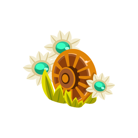 Decorative Wooden Wheel Isometric Garden Landscaping Element. Video Game Landscape Constructor Item In Cute Colorful Design Isolated On White Background.のイラスト素材