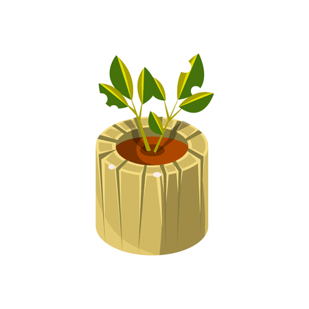 Wooden Pot For Plant Isometric Garden Landscaping Element. Video Game Landscape Constructor Item In Cute Colorful Design Isolated On White Background.のイラスト素材