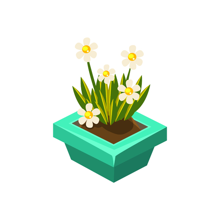 Pot With White Flowers Isometric Garden Landscaping Element. Video Game Landscape Constructor Item In Cute Colorful Design Isolated On White Background.のイラスト素材