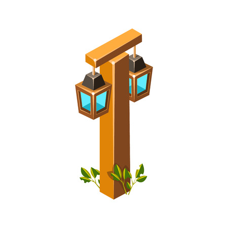 Post With Stylized Lantern Lamps Isometric Garden Landscaping Element. Video Game Landscape Constructor Item In Cute Colorful Design Isolated On White Background.のイラスト素材