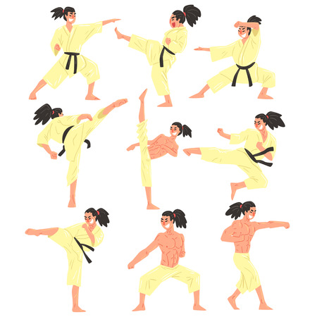Professional Martial Arts Sportsman Funny Character Set. Cartoon Fun Style Vector Illustrations Isolated On White Background.のイラスト素材