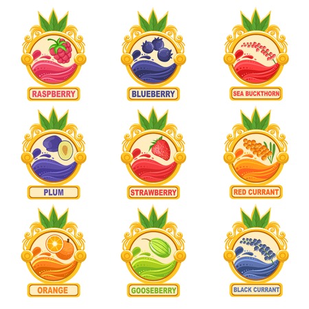 Jam Label Sticker Collection Of Templates In Round Frames. Colorful Berry And Fruit Jar Vector Labels For Homemade Marmalade.のイラスト素材