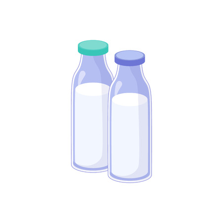 Two Bottles Of Milk, Milk Based Product Isolated Icon. Simple Realistic Flat Vector Colorful Drawing On White Background.のイラスト素材