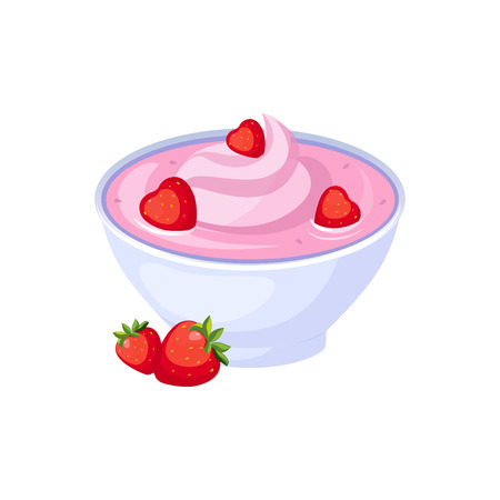 Strawberry Yogurt, Milk Based Product Isolated Icon. Simple Realistic Flat Vector Colorful Drawing On White Background.のイラスト素材