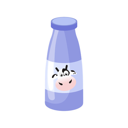 Bottle With Cow On The Label, Milk Based Product Isolated Icon. Simple Realistic Flat Vector Colorful Drawing On White Background.のイラスト素材