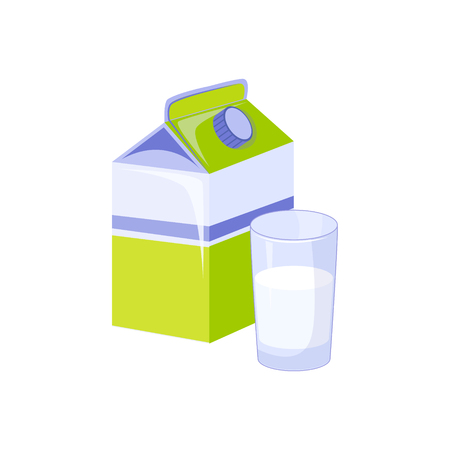 Carton And Glass Of Milk, Milk Based Product Isolated Icon. Simple Realistic Flat Vector Colorful Drawing On White Background.のイラスト素材