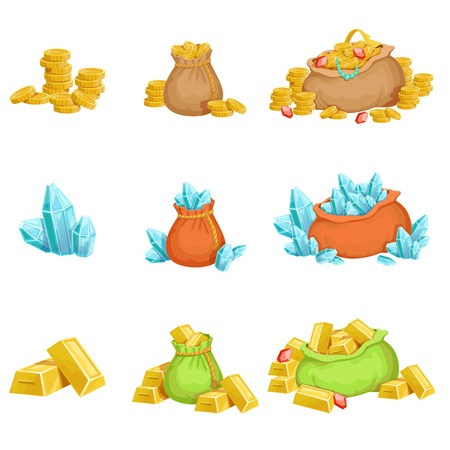 Treasure And Riches Set OF Game Design Elements. Cute Cartoon Style Illustrations With Gold, Jewels And Gems Isolated On White Background.のイラスト素材