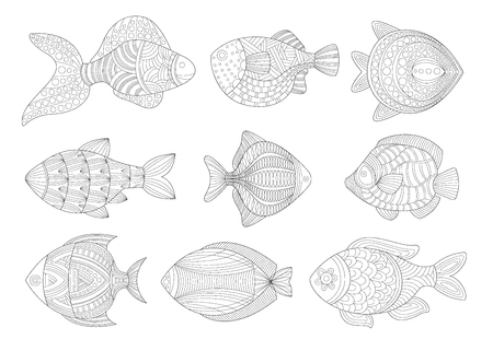Tropical Fish Set Adult  Coloring Book Illustration. Black And White Hand Drawn Element For Coloring In Cool Trendy Design.のイラスト素材