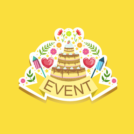 Event Template Label Cute Sticker With Cake And Fireworks. Childish Design Colorful Vector Sticker On Bright Background.のイラスト素材