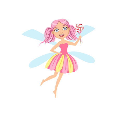 Cute Fairy With Lollypop Girly Cartoon Character.Childish Design Fairy-tale Creature Simple Adorable Illustration.のイラスト素材