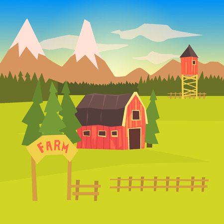 Farm And Surrounding Landscape Colorful Sticker.Bright Color Funky Flat Drawing In Childish Style.のイラスト素材