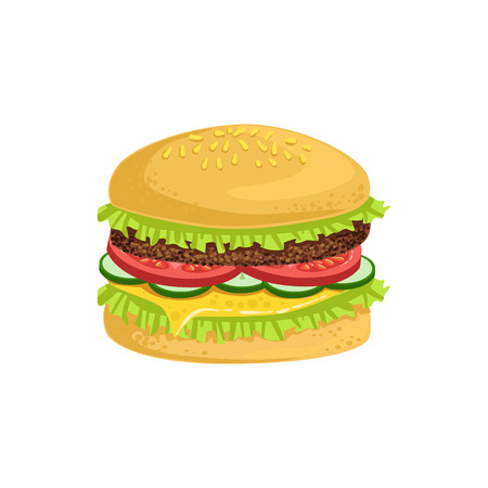 Burger Street Food Menu Item Realistic Detailed Illustration. Take Away Lunch Icon Isolated On White Background.のイラスト素材