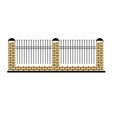 Stone Fence Design Element Template With Metal Grid. Edging Creative Landscape Idea Icon On White Background.のイラスト素材