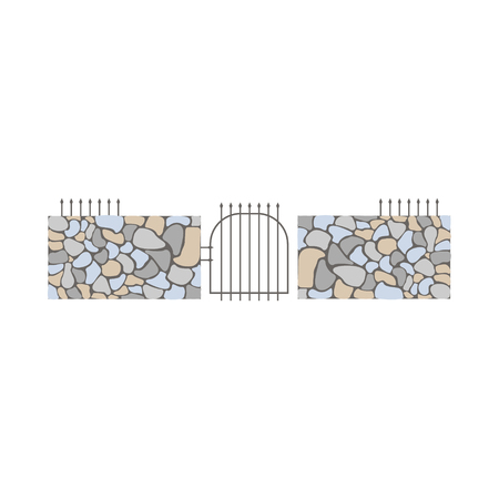 Dry Stack Wall Fence Design Element Template With Gate. Edging Creative Landscape Idea Icon On White Background.のイラスト素材