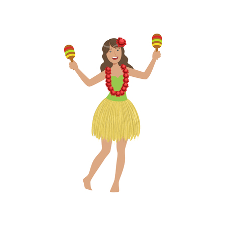 Girl Playing Maracas Hawaiian Vacation Classic Symbol. Isolated Flat Vector Icon With Traditional Hawaiian Representation On White Bacground.のイラスト素材