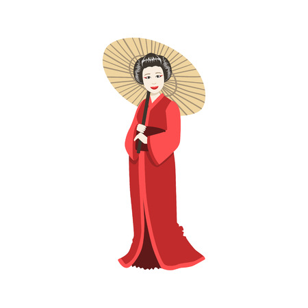 Japanese Geisha With Paper Umbrella. Simple Realistic Character On White Background With Traditional Culture Symbolsのイラスト素材