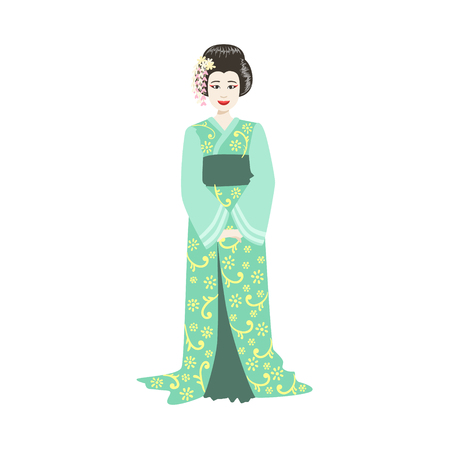 Japanese Geisha In Turquoise Kimono. Simple Realistic Character On White Background With Traditional Culture Symbolsのイラスト素材