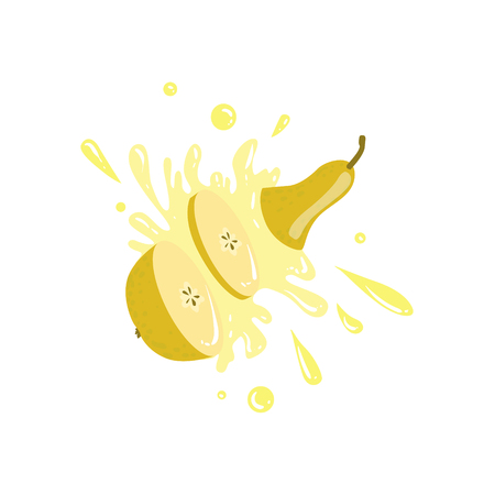 Pear Cut In The Air Splashing The Juice. Bright Color Cartoon Simple Style Flat Vector Sticker Isolated On White Backgroundのイラスト素材