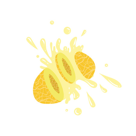 Melon Cut In The Air Splashing The Juice. Bright Color Cartoon Simple Style Flat Vector Sticker Isolated On White Backgroundのイラスト素材