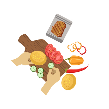 Child Cooking Burger Illustration With Only Hands Visible From Above. Kids Art And Craft Lesson Colorful Cartoon Cute Vector Picture.のイラスト素材