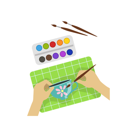 Child Painting Cup Illustration With Only Hands Visible From Above. Kids Art And Craft Lesson Colorful Cartoon Cute Vector Picture.のイラスト素材