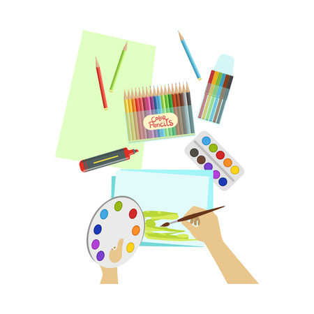 Child Painting Landscape Illustration With Only Hands Visible From Above. Kids Art And Craft Lesson Colorful Cartoon Cute Vector Picture.のイラスト素材