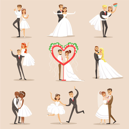 Happy Newlyweds On The Wedding Party Set Of Scenes. Cute Bride And Groom Couples In Classic Outfits Simple Vector Illustrations On Pink Background.のイラスト素材