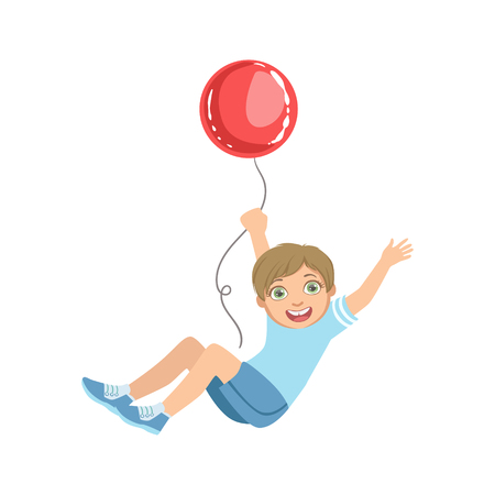 Boy Hanging On Big Red Balloon Simple Design Illustration In Cute Fun Cartoon Style Isolated On White Backgroundのイラスト素材