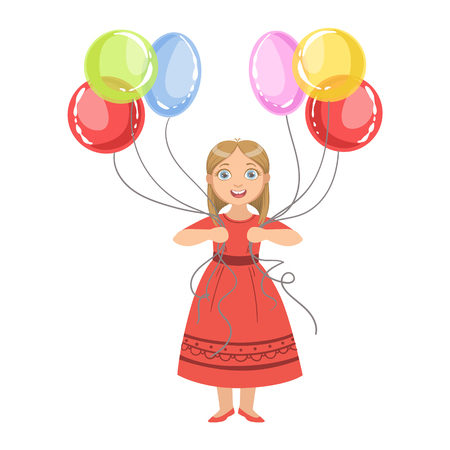 Girl In Red Dress Holding Six Colorful Balloons Simple Design Illustration In Cute Fun Cartoon Style Isolated On White Backgroundのイラスト素材