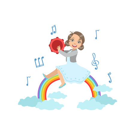 Girl Playing Tambourine With Rainbow And Clouds Decoration. Simple Design Illustration With Kid Performing Musical Number In Cute Fun Cartoon Style Isolated On White Backgroundのイラスト素材