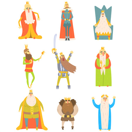 Fairy-Tale Kings Set Of Cartoon Fun Illustrations. Monarchs With Long Beards Childish Portraits Isolated On White Background.のイラスト素材