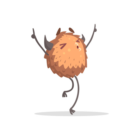 Round Furry Brown Monster Dancing At The Party Funky Creature Colorful Character With Party Attributes On White Background.のイラスト素材